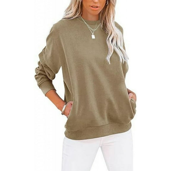 Mohiass Womens Sweatshirts with Pockets No Hood Casual Long Sleeve Solid Tops Crewneck Cute Loose Fit Pullover Coffee XL