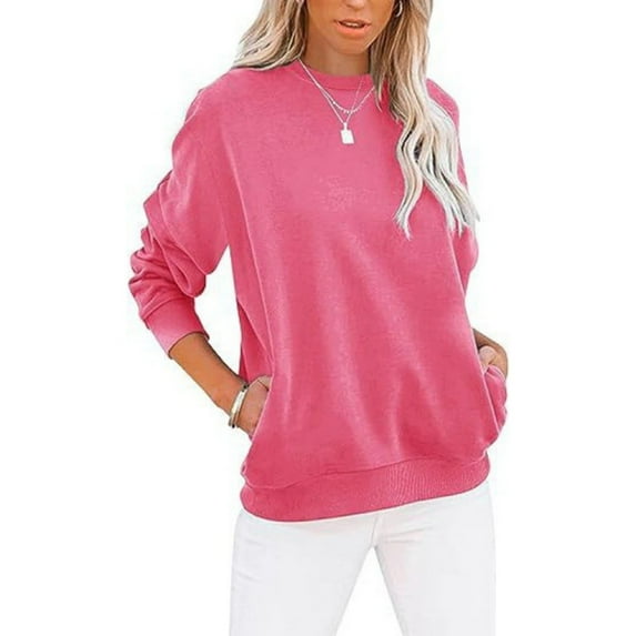 Mohiass Womens Sweatshirts with Pockets No Hood Casual Long Sleeve Solid Tops Crewneck Cute Loose Fit Pullover Hot Pink M
