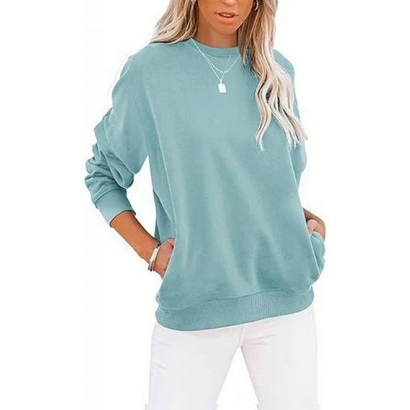 Mohiass Womens Sweatshirts with Pockets No Hood Casual Long Sleeve Solid Tops Crewneck Cute Loose Fit Pullover Light Blue 2XL