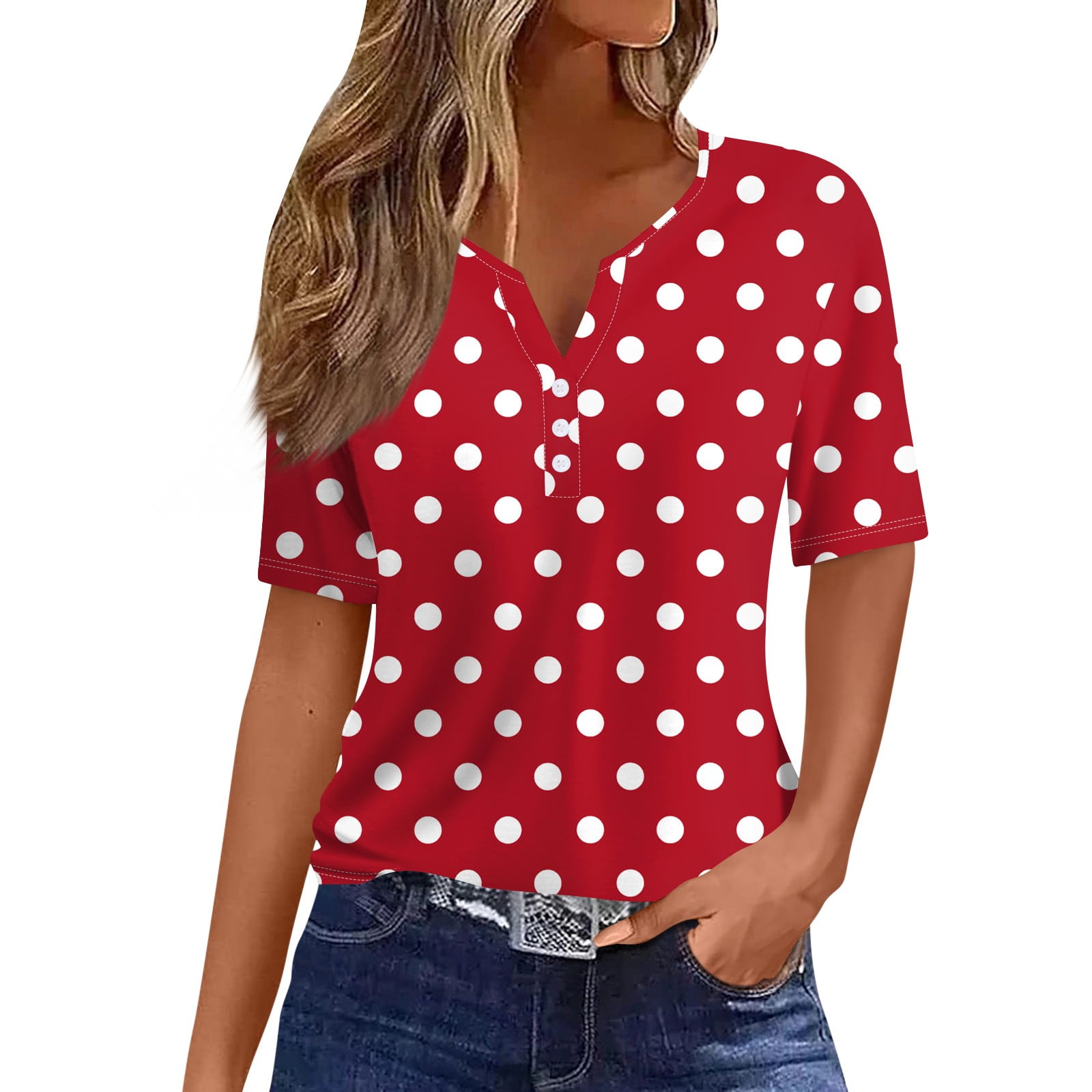 Mohiass Womens Tops Henley V Neck Polka dot 2024 T Shirts Short Sleeve Fashion Button Up Shirts Casual Summer Blouse Red M Walmart