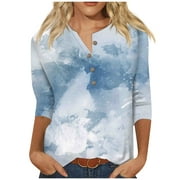 Mohiass Womens Tunic Tops Dressy 3/4 Sleeve 2024 T Shirts Henley V Neck Trendy Button Down Tops Graphic Summer Casual Shirts Sky Blue L