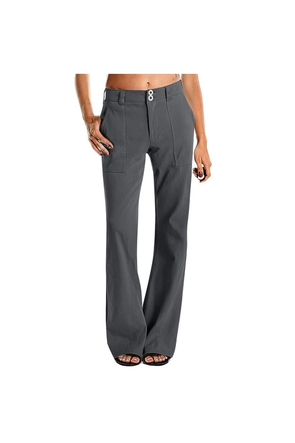 Womens Twill Pants Dressy Casual High Waisted Chino Pants Button Down Bootcut Straight Leg Work Trousers with Pockets Dark Gray 2XL