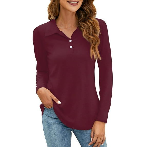 Mohiass Womens V Neck Polo Shirts Business Casual Long Sleeve Blouse Collared Work Top Slim Fitted 2024 Fall Basic Shirt Wine L