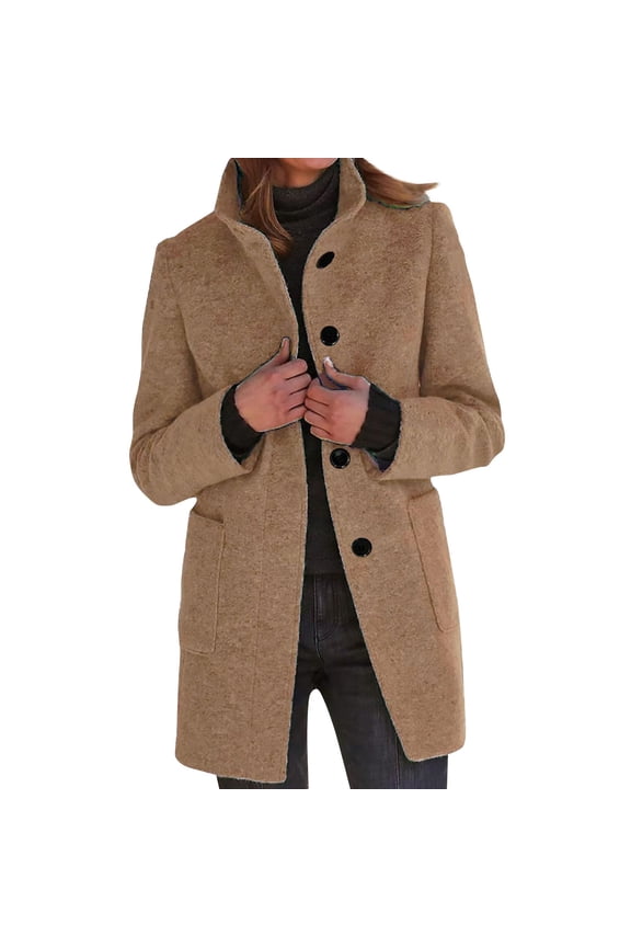 Womens Winter Coat Mid Length Stand Collar Thicken Pea Coats Single Breasted Trench Long Overcoat Wool Blend Casual Blazer Jacket with Pockets Camel 2XL