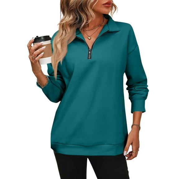 Mohiass Womens Zip-Up Dropped Shoulder Sweatshirt Oversized Lapel Half Zip Long Sleeves Pullover Tops Army Green S