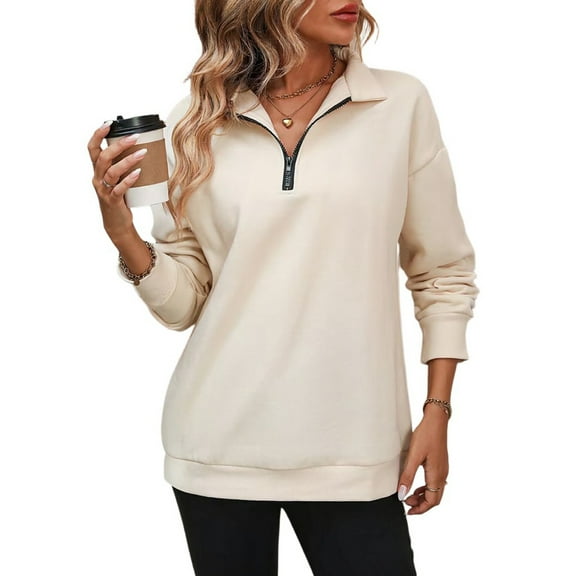 Mohiass Womens Zip-Up Dropped Shoulder Sweatshirt Oversized Lapel Half Zip Long Sleeves Pullover Tops Beige S
