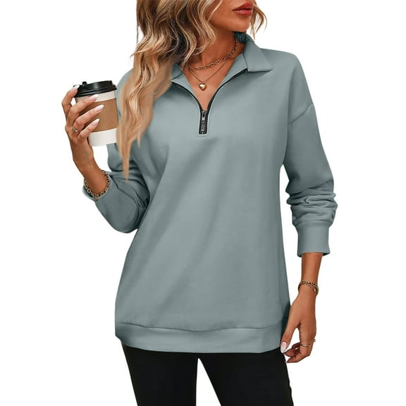 Mohiass Womens Zip-Up Dropped Shoulder Sweatshirt Oversized Lapel Half Zip Long Sleeves Pullover Tops Green L