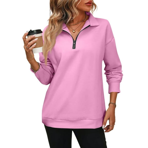 Mohiass Womens Zip-Up Dropped Shoulder Sweatshirt Oversized Lapel Half Zip Long Sleeves Pullover Tops Pink L