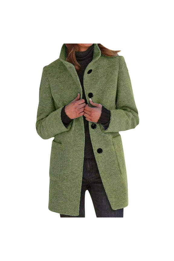 Wool Long Coat Women Stand Collar Thicken Winter Coats Casual Trench Pea Overcoat Single Breasted Wool Blend Blazer Jacket with Pockets Army Green 4XL