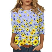 Mohiass Work Tops for Women Trendy 3/4 Sleeve Dressy Shirts Crew Neck 2024 Sunflower Tunic Tops Three Quarter Length Summer Casual T Shirts Light Blue XL