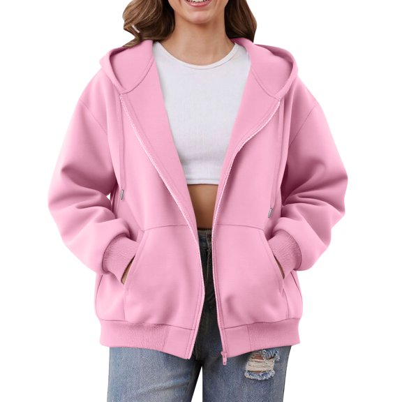 Mohiass Zip Up Hoodie Casual Cute Oversized Drawstring Womens Hoodie Y2k Fall Winter Long Sleeve Solid Fashion Zipper with Pockets Pink M