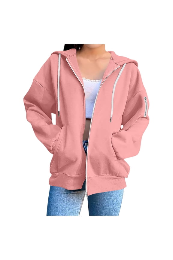 Zip Up Hoodie Women 2025 Oversized Y2k Hoodies Long Sleeve Drawstring Lightweight Outdoor Jacket Pink S