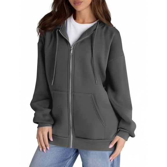 Mohiass Zip Up Hoodie Women Fleece Oversized Hoodies Y2k Hooded Sweatshirt Preppy Ladies Sweatshirts with Pockets Winter Jackets Dark Gray M