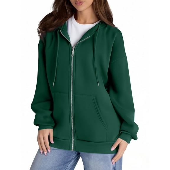 Mohiass Zip Up Hoodie Women Fleece Oversized Hoodies Y2k Hooded Sweatshirt Preppy Ladies Sweatshirts with Pockets Winter Jackets Dark Green S