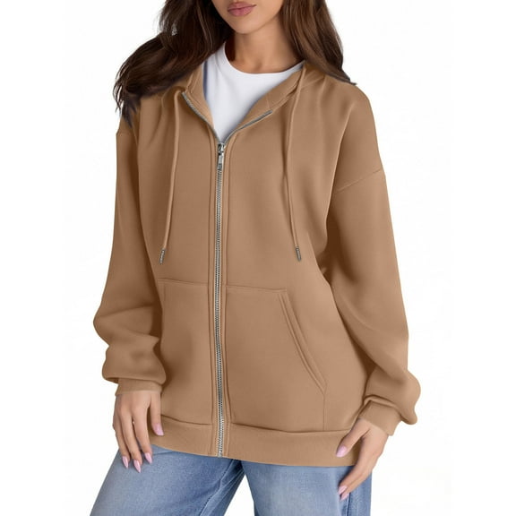 Mohiass Zip Up Hoodie Women Fleece Oversized Hoodies Y2k Hooded Sweatshirt Preppy Ladies Sweatshirts with Pockets Winter Jackets Light Brown L