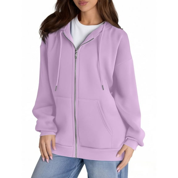 Mohiass Zip Up Hoodie Women Fleece Oversized Hoodies Y2k Hooded Sweatshirt Preppy Ladies Sweatshirts with Pockets Winter Jackets Purple L
