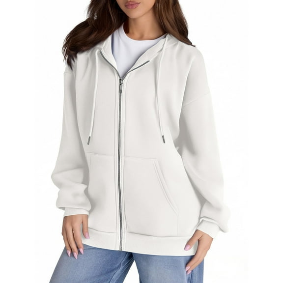 Mohiass Zip Up Hoodie Women Fleece Oversized Hoodies Y2k Hooded Sweatshirt Preppy Ladies Sweatshirts with Pockets Winter Jackets White XL