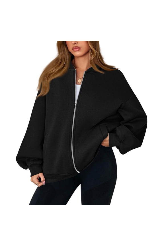 Zip Up Sweatshirt Women No Hood Comfort Oversized Sweatshirt Cardigan Fleece Bomber Jacket Zipper Hoodless Hoodies Black 3XL