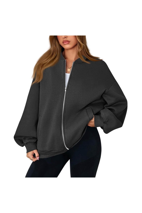 Bomber Jacket Women Fleece Full Zip Sweatshirt Jacket with Pockets Winter Warm Lightweight Sweatshirt Jackets Dark Gray 2XL