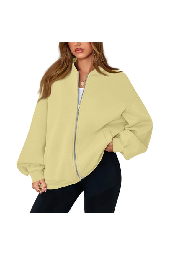 Zip Up Sweatshirt Women No Hood Comfort Oversized Sweatshirt Cardigan Fleece Bomber Jacket Zipper Hoodless Hoodies Khaki S
