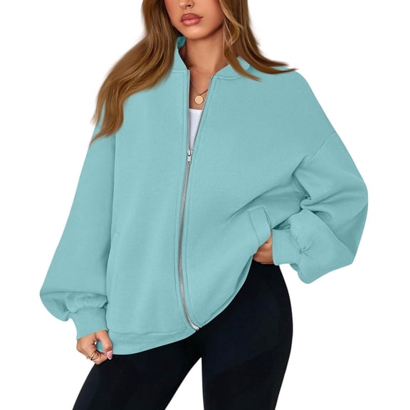 Mohiass Zip Up Sweatshirt Women No Hood Comfort Oversized Sweatshirt Cardigan Fleece Bomber Jacket Zipper Hoodless Hoodies Light Blue 3XL