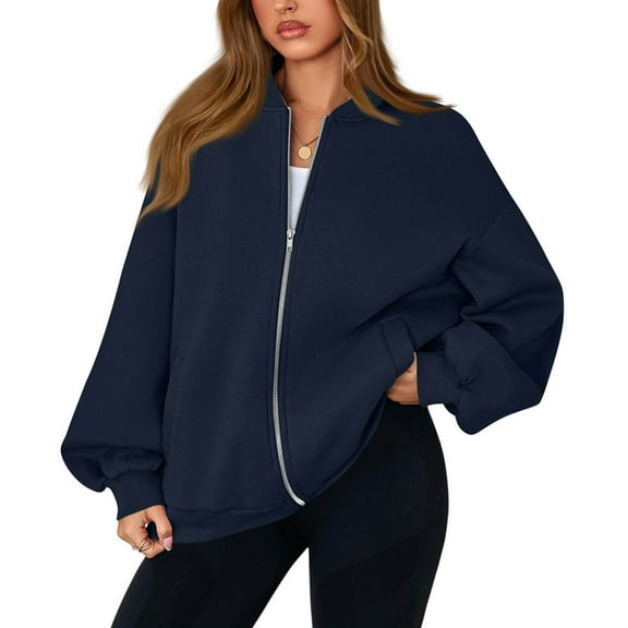 Mohiass Oversized Zip Up Sweatshirt Women Fleece Zip Up Bomber Jacket Casual Athletic Y2k Sweat Jackets with Pockets Navy 2XL