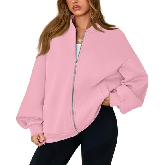 Mohiass Zip Up Sweatshirt Women No Hood Comfort Oversized Sweatshirt Cardigan Fleece Bomber Jacket Zipper Hoodless Hoodies Pink XL