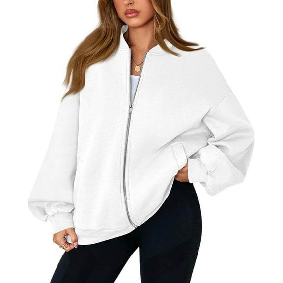 Mohiass Zip Up Sweatshirt Women No Hood Comfort Oversized Sweatshirt Cardigan Fleece Bomber Jacket Zipper Hoodless Hoodies White XL