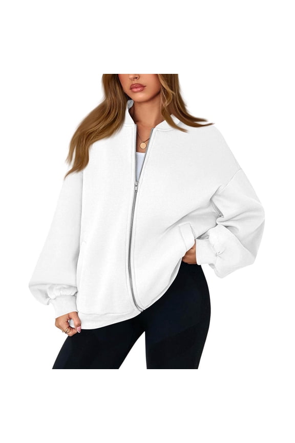 Zip Up Sweatshirt Women No Hood Comfort Oversized Sweatshirt Cardigan Fleece Bomber Jacket Zipper Hoodless Hoodies White XL