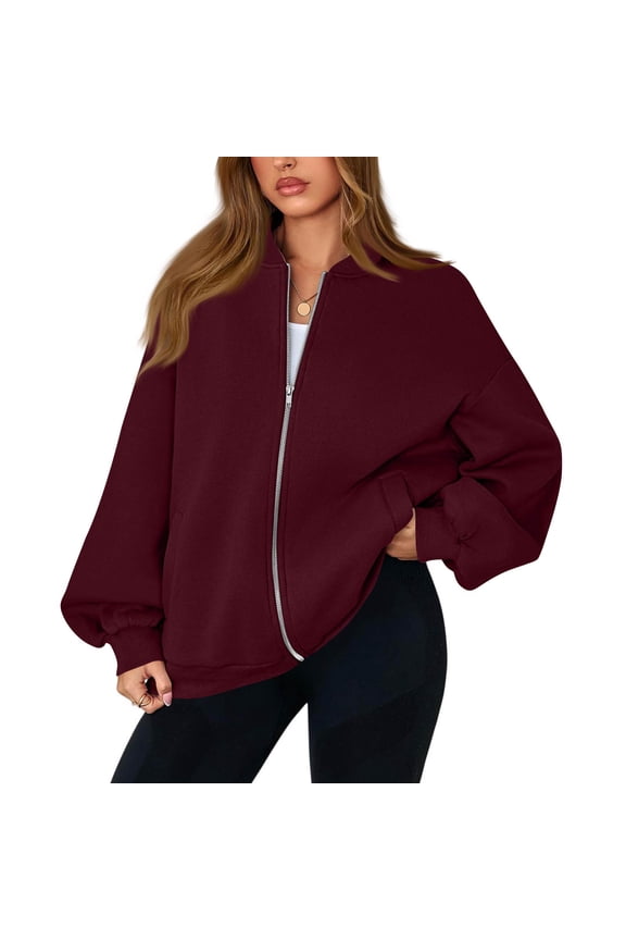 Zip Up Sweatshirt Women No Hood Comfort Oversized Sweatshirt Cardigan Fleece Bomber Jacket Zipper Hoodless Hoodies Wine S