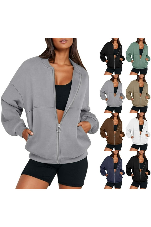 Zip Up Sweatshirts for Women No Hood Fall Casual Bomber Jacket Fleece Athletic Sweat Jackets with Pockets Black L