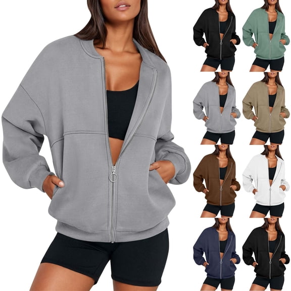Mohiass Zip Up Sweatshirts for Women No Hood Fall Casual Bomber Jacket Fleece Athletic Sweat Jackets with Pockets Black XL
