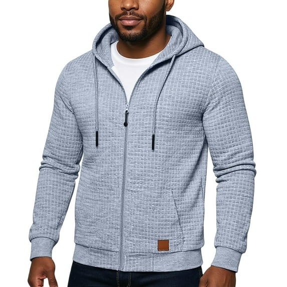 Mohiass Zip Up Waffle Hoodie Men Workout Long Sleeve Hooded Sweatshirt Drawstring Zipper Jacket Work Big and Tall Clothes Light Gray XL