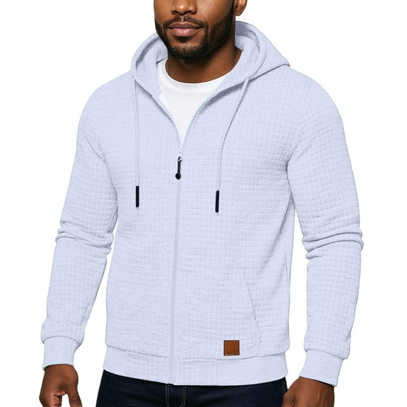 Mohiass Zip Up Waffle Hoodie Men Workout Long Sleeve Hooded Sweatshirt Drawstring Zipper Jacket Work Big and Tall Clothes White XL