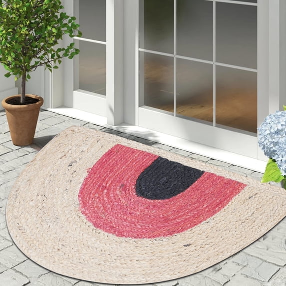 Mohil Decor Natural Fiber Collection Farmhouse Braided Off-White Solid Print Area Rugs, 15x24 inch (Semicircular), Reversible