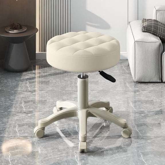 Mohsoe 360 Swivel Adjustable Height Rolling Stool Beige Waterproof Faux Leather Cushion Armless Backless Swivel Chair Easy Assembly for Bar Home Office Cafe Salon Kitchen Workstation