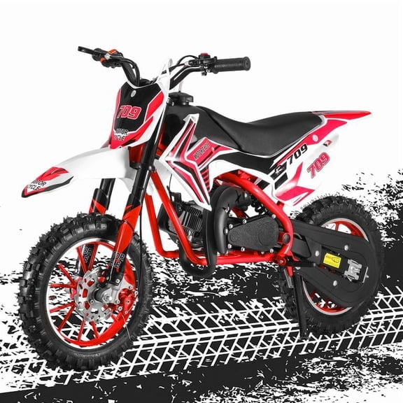 Mohsoe 49cc 2-Stroke Mini Dirt Bike for Kids, Hand-Pull Start Infinitely Variable, 10 Inch Off-Road Wheels, Dual Disc Brakes, 30KM/H Max, 1.8L Tank, 150kg Load, 47 x 28 x 26 Inch
