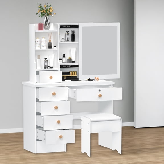 Mohsoe 6-Drawer Sliding Mirror Makeup Vanity Table,Simple Style Large Storage Cabinet with Locking Drawers & Open Shelves, Easy Assembly,48" Wide Desktop