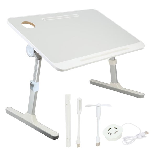 Mohsoe Adjustable Lap Desk for Bed, 5 Heights 10.6-15.8 Inch, 4 Angles 0-45, USB Fan and Small Lamp Included, Non-Slip Desktop 23.6x15.7 Inch, Foldable for Travel