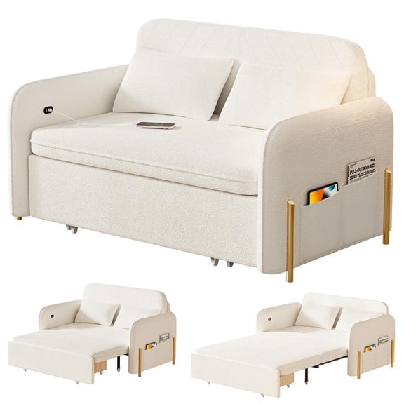 Mohsoe Convertible Sofa Bed 3-in-1, Sleeper Chair with Chaise Lounge & Bed Modes, Under-Sofa Storage Drawer with Wheels, USB Type-C Charging, Teddy Fleece Fabric, Space-Saving for Studio Dorm