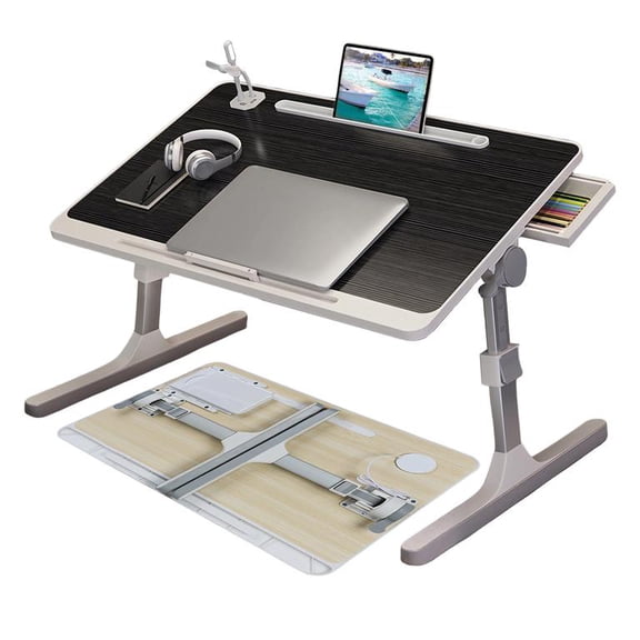 Mohsoe Foldable Laptop Table for Bed, 5 Height Adjustable 10.6-15.8 Inch, 4 Tilt Angles 0-45, USB Fan & Lamp, Non-Slip High-Density Desktop, for Kids Study Reading, 24 x 16 x 16 Inch
