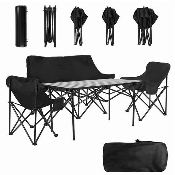 Mohsoe Folding Table Chair Set, Carbon Steel Heavy Duty with Strong Load Capacity, Portable Camping Furniture for Indoor Outdoor Use, with Storage Bags & Side Pockets