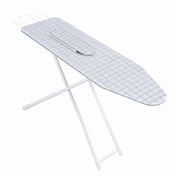 Mohsoe Full Size Foldable Ironing Board with Sturdy Metal Legs Anti-Slip Sleeves, Heat-Resistant Thick Linen Cover, 4 Level Height Adjustment, Space-Saving Compact Design, Blue Grid, 42 x 12 x 31in