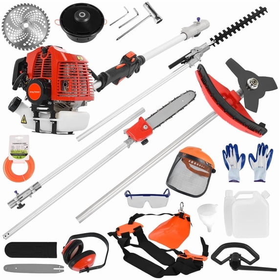Mohsoe Gas Powered 5-in-1 Multi-Function Garden Trimmer: 52cc 2-Cycle Weed Eater, Hedge Trimmer, Brush Cutter, Pole Saw with Extension, Red for Home & Lawn Use