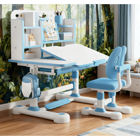Mohsoe High-Density Fiberboard Kids Study Desk Chair, Sturdy Metal Frame, Large Desktop for Study & Creativity Blue