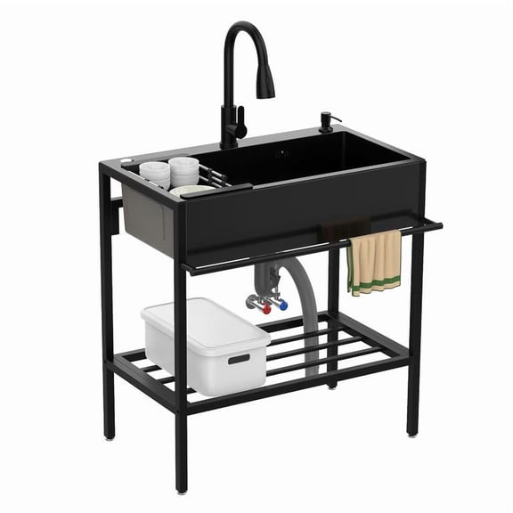 Mohsoe Indoor Outdoor Utility Sink 31.5 Inch, Single Bowl Stainless Steel Sink with Adjustable Hot Cold Faucet, Built-In Storage Shelf, for Laundry Room Kitchen Garage