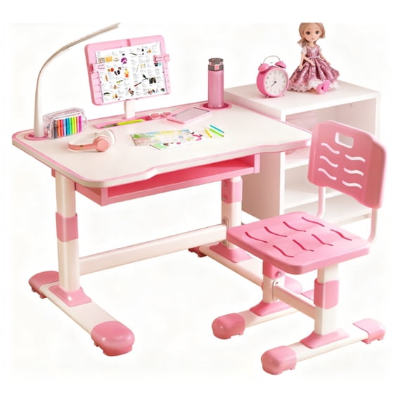Mohsoe Kids Desk Chair Set with Eye-Protection Lamp, Adjustable Reading Stand Frees Hands, Reduces Eye Strain Pink