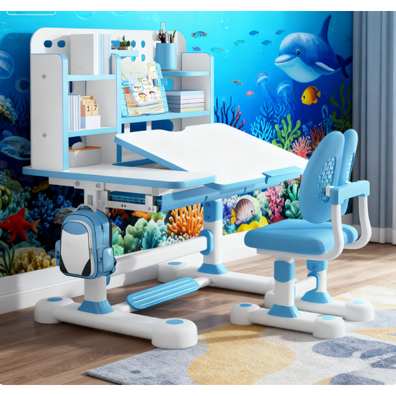 Mohsoe Kids Multifunctional Desk Combo, 0-50° Desktop Tilt, Smart Compartments for Organized Supplies Blue
