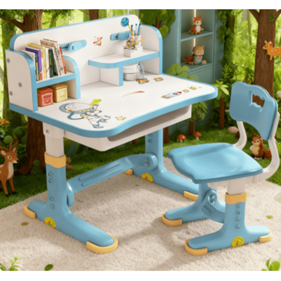 Mohsoe Kids Study Room Furniture Set, 1 Desk + 1 Chair, Flexible Height Adjustment for Small Spaces Blue