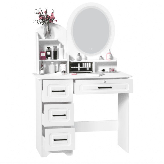 Mohsoe LED Lighted Makeup Vanity European Dressing Table, 4-Drawer 3-Tier Open Shelf Storage, Large Adjustable 3-Color Light Mirror, Vintage Handles Bedroom Furniture, 53.94" High